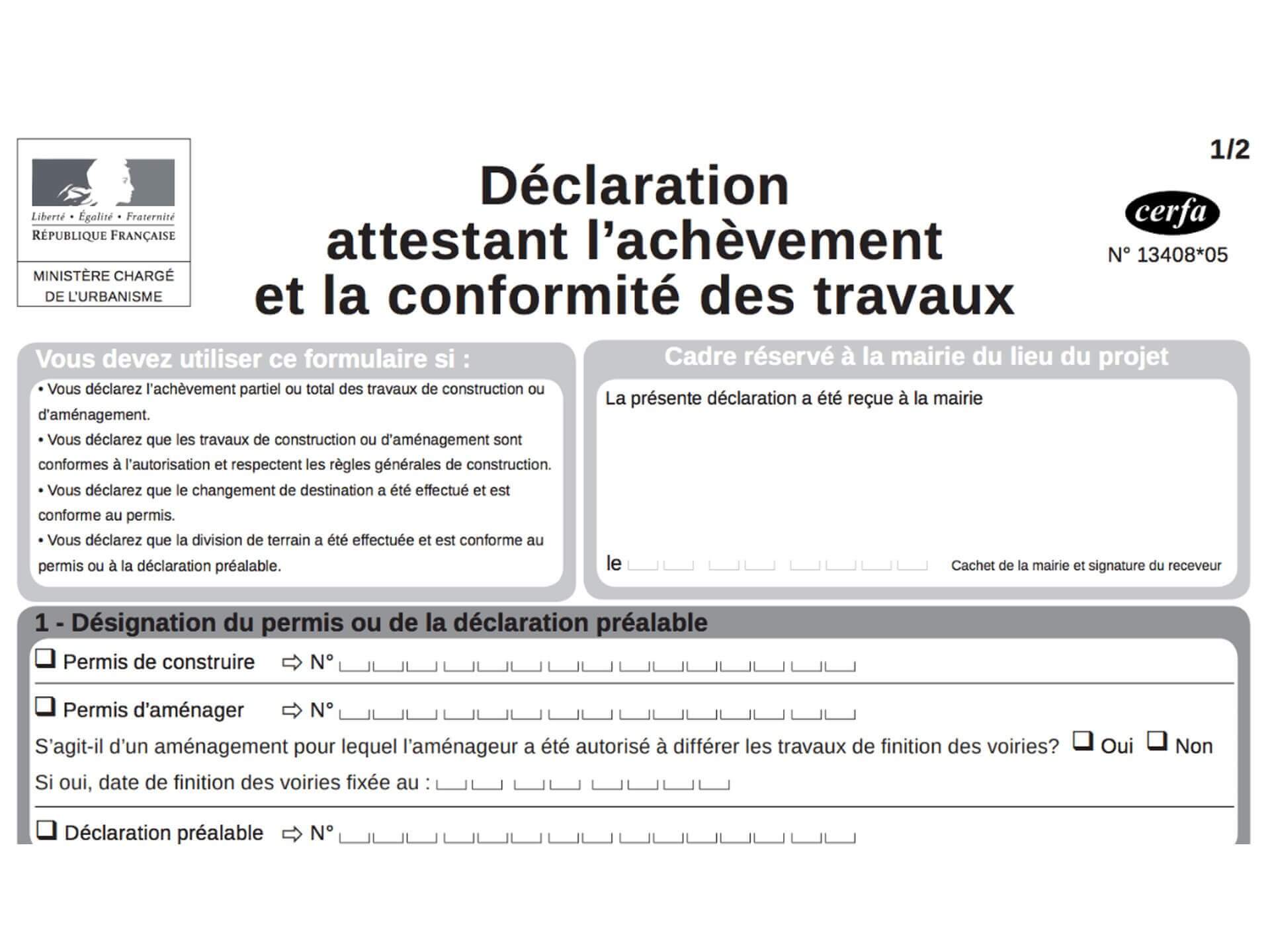 Déclaration Attestant l'Achèvement et la Conformité des Travaux