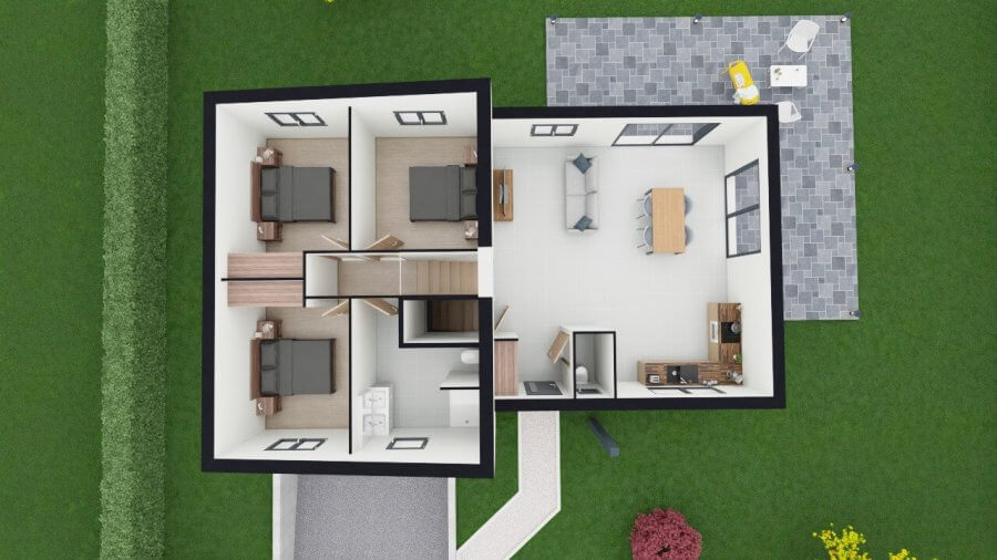 Plan de maison R+1 en demi-niveaux 3 chambres Canche - rdc et étage